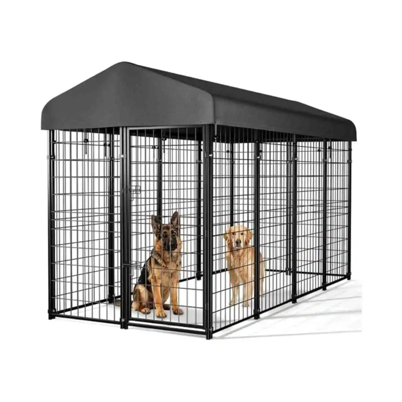 Large heavy duty outdoor dog kennel with roof made from welded steel with waterproof UV-resistant canopy for large dogs.