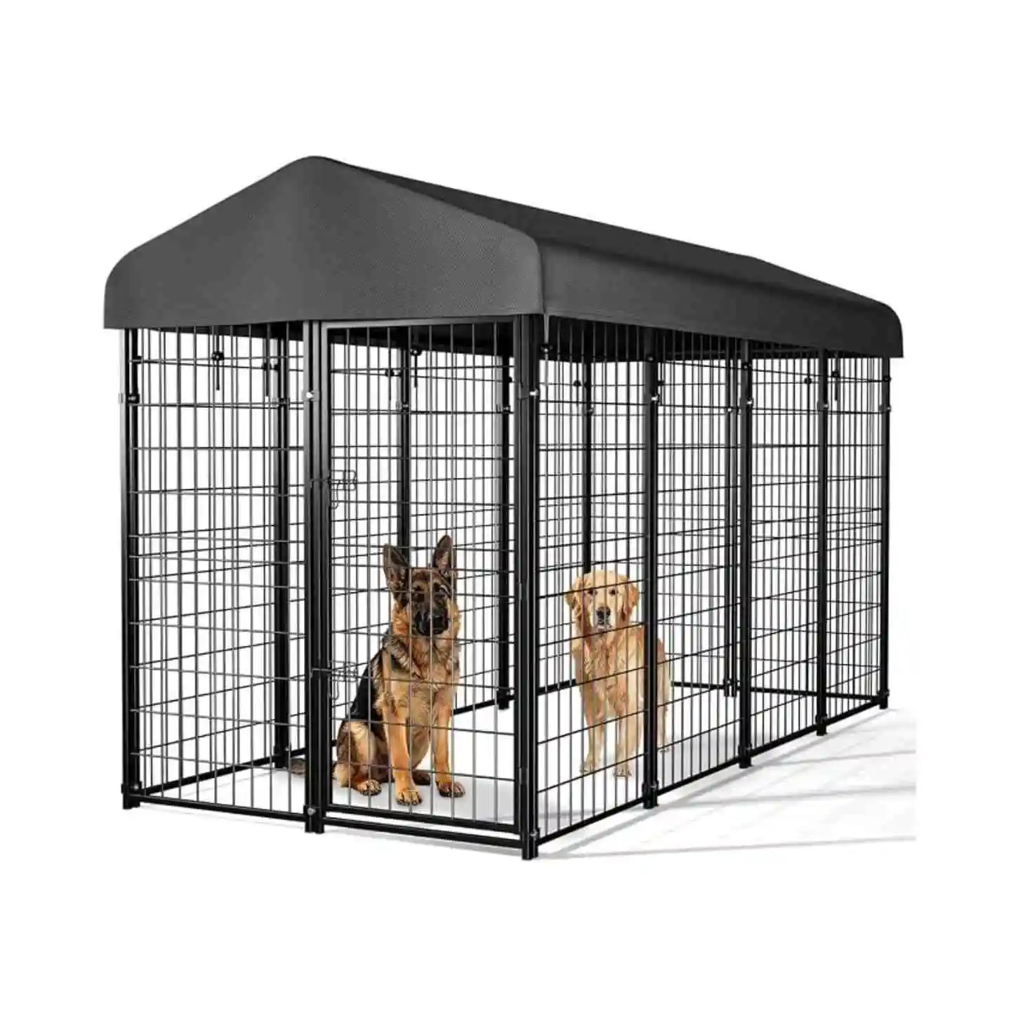 Large heavy duty outdoor dog kennel with roof made from welded steel with waterproof UV-resistant canopy for large dogs.